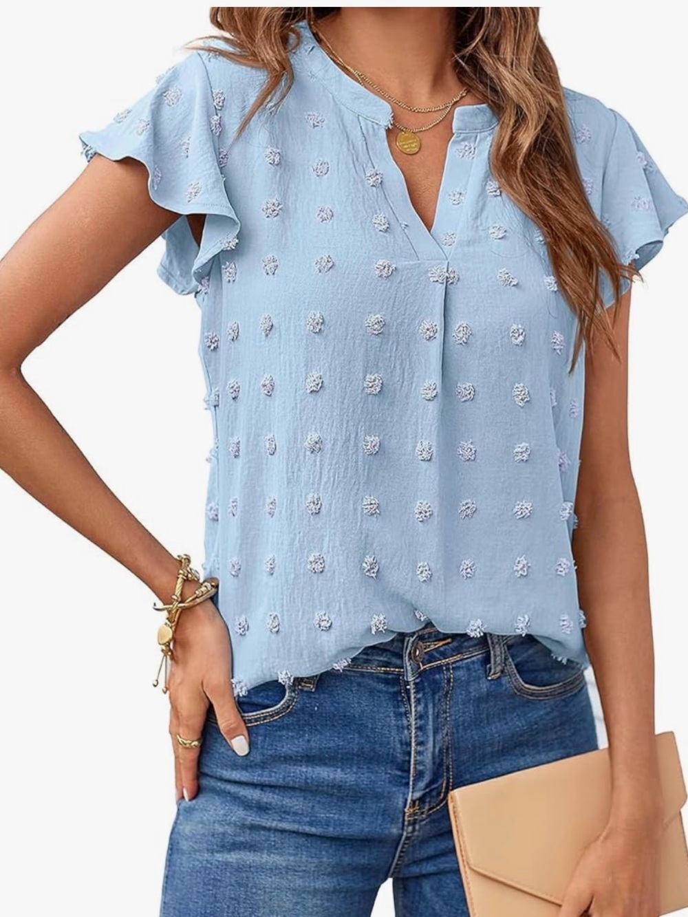 Light Blue Swiss Dot Puff Sleeve Blouse Size M